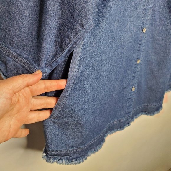 Belle Kim Gravel Womens Button Front Denim Shirt Size 1X Pockets Frayed Blue - Picture 2 of 9